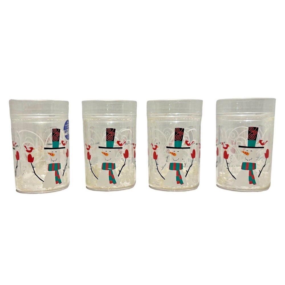 Zak! Holiday‎ Snowman Set Of 4 Plastic Glasses Double Wall 3D Snowflake/Snow 6oz